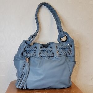 Michael Kors Light Blue Braided Handle Leather Shoulder Bag with Tassel